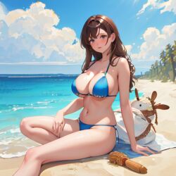 1girls ai_generated beach blue_bikini blue_bikini_bottom blue_bikini_top brown_hair busty cleavage midriff nemus_waifu_generator pooplool sand solo tagme water