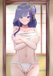 1girls bare_shoulders blunt_bangs breasts chest_sarashi cleavage covering dot_nose female fundoshi genshin_impact hair_ornament hands_up highres indoors japanese_clothes large_breasts mirror mizuki_haruka mole mole_under_eye navel parted_lips partially_visible_vulva purple_eyes purple_hair raiden_shogun raised_eyebrows reflection sarashi standing thighs