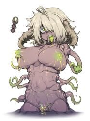 ahoge breasts censored clinger_(terraria) clitoral_hood colored_nipples drooling female grabbing_own_breast green_eyes green_nipples hair_over_one_eye heart heart_censor lactation large_breasts mandibles navel nyong_nyong personification pussy_juice reference_inset sharp_teeth short_hair simple_background teeth tentacle terraria tongue tongue_out white_background white_hair worm_girl