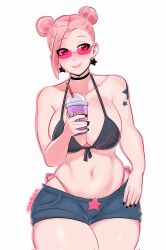 1girls big_breasts bikini bikini_top black_bikini breasts clothed clothing epic_games fortnite fortnite:_battle_royale grimace_shake haze_(fortnite) hotpants joshopaisen light-skinned_female milkshake shorts simple_background summer surf_witch_(fortnite) tattoo tattoos