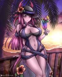 1girls alternate_costume ass_visible_through_thighs balcony bare_midriff bare_thighs beach beauty_mark blue_one-piece_swimsuit blue_swimsuit breasts cleavage drink female female_only fire_emblem fire_emblem_engage fire_emblem_heroes hat hourglass_figure ivy_(fire_emblem) kalesklok large_breasts long_hair midriff mole mole_under_mouth nail_polish nintendo ocean official_alternate_costume one-piece_swimsuit outdoors palm_tree pink_eyes pink_nails purple_hair smile solo standing sunset swimsuit thick_thighs thighs tree very_long_hair wide_hips