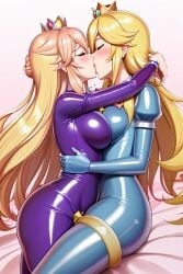 2_bodysuits 2girls 5_fingers ai_generated blonde_hair bodysuit breast_squeeze clothing crown female female_focus female_only french_kiss hugging jpeg kissing latex latex_bodysuit latex_suit laying_on_bed long_hair mario_(series) on_bed princess_peach princess_rosalina sitting yuri