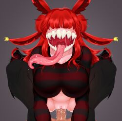 1boy 1boy1girl 1girls big_breasts furry_ears grey_background long_hair long_sleeves long_tongue looking_at_viewer monster_girl open_mouth pale_skin red_hair riding roblox roblox_avatar roblox_rthro self_upload sharp_teeth squatting squish_(squishyte) squishyte sweater tagme thighs wet_pussy wet_tongue