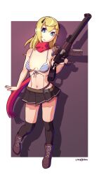 9:16 ahoge alternate_version_available artist_signature as_val_(girls'_frontline) black_legwear blonde_hair blue_eyes breasts cleavage crestfallen163 doll_joints female female_only footwear fully_clothed girls'_frontline gun hair_between_eyes hair_ornament hairclip holding_weapon kneesocks medium_breasts miniskirt navel pleated_skirt red_scarf revealing_clothes scarf shoes skirt striped_bikini