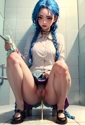 ai_generated ai_hands arcane arcane_jinx bathroom blue_eyes blue_hair braid braided_hair braided_twintails braids cheeks clothed colegiala collar female flushed flushed_face full_bladder girl jinx_(league_of_legends) league_of_legends league_of_legends:_wild_rift long_hair looking_down omorashi panties pee_desperation peeing peeing_self pink_pussy pussy showing showing_pussy shy spread_legs stable_diffusion student swollen_pussy teenager urine wc wet_panties wet_pussy xliljinxx