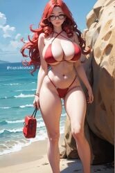 ai_generated beach big_breasts blue_eyes cameltoe cupcakeattack red_hair red_underwear wide_hips