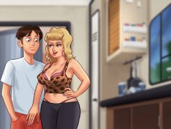 1boy 1girls 2d animated blonde_hair blonde_hair blue_eyes bottomwear bra brown_hair cameltoe clothed clothing crystal_(summertime_saga) curvy curvy_body curvy_female curvy_figure darkcookie digital_drawing_(artwork) digital_media_(artwork) duo ear_piercing earrings female hand_on_hip horny horny_female leggings light-skinned_female light-skinned_male light_skin long_hair looking_at_partner looking_down main_character_(summertime_saga) male male/female milf panties pants piercing piercings pussy_lips rubbing rubbing_penis shirt shorts smile smiling standing summertime_saga surprised surprised_expression tank_top tanline tanlines teasing thick_thighs thong thong_panties topwear underwear