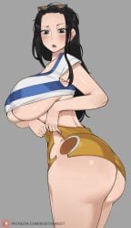 1girls ass ass_focus black_hair blue_eyes bobtheneet booty_shorts breasts costume_switch dat_ass female female_only hi_res huge_ass huge_breasts light-skinned_female light_skin long_hair nami_(one_piece)_(cosplay) nico_robin one_piece outfit_swap post-timeskip short_shorts shorts sunglasses sunglasses_on_head thick_thighs thighs too_small_clothes underboob wardrobe_malfunction