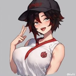 1girls alternate_breast_size bare_shoulders big_breasts bluefield breasts clothed clothes clothing female female_only fully_clothed hat huge_breasts human human_only large_breasts light-skinned_female light_skin ruby_rose rwby solo solo_female tie_between_breasts tight_clothing