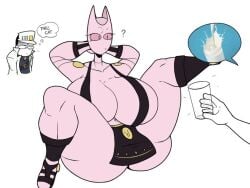 1girls 2boys big_breasts cat_eyes cat_girl cat_humanoid diamond_is_unbreakable fat_ass fat_butt female glass huge_breasts jojo's_bizarre_adventure jotaro_kujo killer_queen milk pink_skin rule_63 stand_(jjba) theimmortalguy thick_thighs