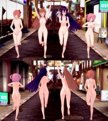 4girls ass barefoot breasts completely_nude completely_nude_female covering_breasts covering_crotch doki_doki_literature_club embarrassed embarrassed_female embarrassed_naked_female embarrassed_nude_female enf female female_only full_body long_hair monika_(doki_doki_literature_club) multiple_girls naked naked_female natsuki_(doki_doki_literature_club) navel nipples nude nude_female nudist pink_hair ponytail purple_hair pussy retropunch running sayori_(doki_doki_literature_club) short_hair streaking yuri_(doki_doki_literature_club)