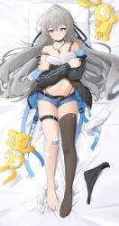 barefoot bed_sheet black_jacket black_thighhighs breasts bronya_zaychik bronya_zaychik_(silverwing:_n-ex) cleavage closed_mouth denim denim_shorts feet female full_body grey_eyes grey_hair hair_between_eyes highres homu_(honkai_impact) honkai_(series) honkai_impact_3rd jacket long_hair long_sleeves looking_at_viewer lying medium_breasts navel off_shoulder on_back pillow pink_pupils short_shorts shorts single_thighhigh solo thigh_strap thighhighs wood_cube