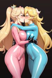 ai_generated blonde_hair bodysuit female french_kiss front_zipper hugging jpeg kissing latex latex_bodysuit latex_suit laying_on_bed long_hair mario_(series) on_bed princess_peach princess_rosalina yuri