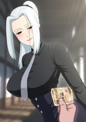 1boy 1girls aged_down alternate_breast_size big_breasts black_hair blush curvy female fully_clothed jujutsu_kaisen large_ass large_breasts lipstick looking_at_object mei_mei_(jujutsu_kaisen) milf money necktie office office_lady pov prostitution shinjicoca suit white_hair