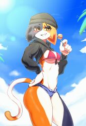 1girls anthro beach beanie breasts calico_cat clothed crop_hoodie domestic_cat epic_games feline flat_chest fortnite fortnite:_battle_royale furry hot_pants joshopaisen mammal meow_skulls_(fortnite) multicolored_fur red_bikini short_hair small_breasts solo standing summer swimsuit tail thick_thighs thighhighs thighs yellow_eyes