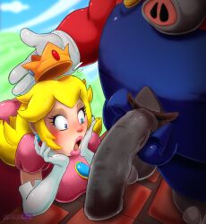 1boy 1girls animal_penis anthro big_penis clothed clothing cock crown dick dress elephant elephant_mario elephant_penis female hedgehoglove huge_cock long_hair male mammal mario mario_(series) nintendo outdoors partially_clothed penis penis_awe princess princess_peach proboscidean super_mario_bros._wonder surprise surprised surprised_face vein video_games