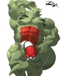 abs anthro biceps big_muscles boner bulge erection huge_muscles large_muscles large_penis male male_only muscles muscular muscular_male pecs penis pokemon pokemon_(species) reclamon scalie solo solo_male tyranitar