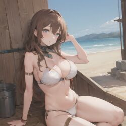 1girls ai_generated beach brown_hair busty happy_female midriff nemus_waifu_generator pooplool sand seaside slight_blush solo tagme water white_bikini