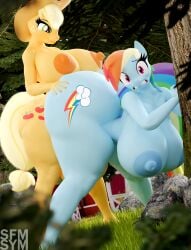 16:9 3d 3d_(artwork) anthro applejack_(mlp) ass balls big_breasts big_butt breasts digital_media_(artwork) duo female friendship_is_magic futa_on_female futanari genitals hasbro hi_res huge_breasts huge_butt hyper hyper_breasts hyper_butt intersex intersex/female my_little_pony nipples nude rainbow_dash_(mlp) smile symm widescreen