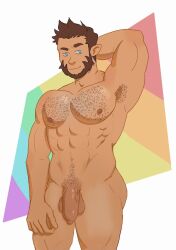 balls bara beard body_hair facial_hair flaccid hairy hand_behind_head male male_only monster_prom muscles muscular nude penis pokeysmokey2 scott_howl solo solo_male tail werewolf