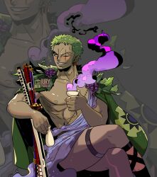 1boy 2023 blush cosplay crossover deity dionysus dionysus_(hades) earrings european_mythology greek_mythology green_hair hades_(game) iury_padilha legs_crossed male male_only mythology one_eye_closed one_piece public_domain roronoa_zoro sake scar shounen_jump smile solo solo_male supergiant_games sword thighs toei_animation wine