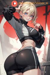 1girls ai_generated arched_back ass ass_focus back back_view big_ass blonde_hair curvy curvy_female curvy_figure gym_leader iana_(rainbow_six) leggings looking_at_viewer rainbow_six_siege seductive short_hair shorts sports_bra thick_thighs vornex_ai