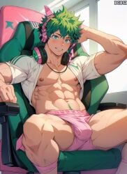 1boy 1male 1man abdomen abs ai_generated big_bulge blush blushing_at_viewer bobsi bulge gay green_eyes green_hair happy_trail izuku_midoriya male male_nipples male_only muscle muscles muscular_male my_hero_academia nipples pecs pectorals thighs yaoi