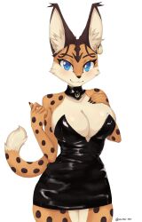 anthro big_breasts blue_eyes blush breasts clothed clothing dress ear_piercing ear_ring eyebrows eyelashes felid feline female front_view fur hi_res inner_ear_fluff latex looking_at_viewer lynx mammal markings mitsu-inu miyu_lynx nintendo orange_body orange_fur piercing ring_piercing smile solo spots spotted_body spotted_markings star_fox tuft