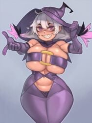 1girls belt_bra breasts cleavage dress elbow_gloves eyeshadow female gloves halloween hat hi_res huge_breasts kelvin_hiu large_breasts large_hat light-skinned_female light_skin original original_character purple_eyes sharp_teeth skindentation thick_thighs twin_braids violet_(kelvin_hiu) white_hair wide_hips witch_hat