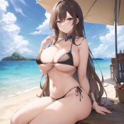 1girls ai_generated beach bikini black_bikini breasts brown_hair busty female huge_breasts island large_breasts nemus_waifu_generator pooplool public sand solo thick_thighs underwear water wide_hips