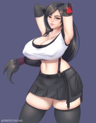 1girls 2022 arms_behind_head armwear big_breasts black_hair black_thighhighs female female_only final_fantasy final_fantasy_vii final_fantasy_vii_remake long_hair looking_at_viewer mr_sithums nipple_bulge red_eyes skirt smiling smiling_at_viewer solo suspenders thick_thighs thigh_squish thighhighs tied_hair tifa_lockhart topwear very_high_resolution