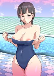 1girls areola_slip big_breasts black_hair blunt_bangs blush breasts busty cleavage clothes_pull competition_swimsuit covered_erect_nipples covered_navel female female_only green_eyes half-closed_eyes highres kirigaya_suguha large_breasts legs looking_at_viewer naughty_face nipple_slip nipples one-piece_swimsuit one-piece_swimsuit_pull pool pulled_by_self seductive_smile sensual short_hair smile solo strap_pull swimsuit sword_art_online teasing thick_thighs thighs toro_zai undressing voluptuous