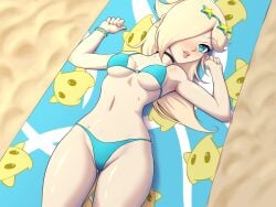 2023 absurd_res beach beach_towel belly belly_button bikini blonde_hair blue_eyes blush blush_lines choker earrings fully_clothed laying_down laying_on_back lepire looking_at_viewer luma mario_(series) nintendo princess_rosalina signature smile sunglasses_on_head super_mario_galaxy sweat sweatdrop sweating swimsuit thigh_gap thighs