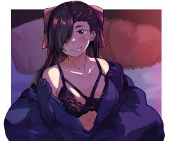 1girls black_bra black_hair hair_over_one_eye half_naked natsuki_subaru natsumi_schwarz on_bed re:zero_kara_hajimeru_isekai_seikatsu rule_63 smile solo solo_female solo_focus undressing