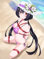 arms_behind_back beach beach_hat bikini black_hair blush bondage duct_tape flower hat highres lily_(counter:side) long_hair looking_at_viewer neko_huan restrained rope rope_bondage slight_blush string_bikini swimsuit taped_arms tied_legs twintails