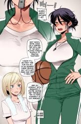 2girls basketball basketball_uniform big_breasts black_hair blodne blonde_female blonde_hair blowing_whistle blush blush coach color colored dialogue english_text female gym_clothes gym_uniform hair_bun hand_on_hip hi_res high_resolution highres holding_basketball holding_object mole mole_under_mouth mr.skull original original_character original_characters ratatatat74 short_hair text third-party_edit track_jacket track_pants track_suit tracksuit unzipped_jacket whistle whistle_around_neck white_background