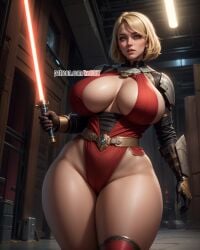 1girls ai_generated armor big_breasts blonde_hair boob_window cleavage_cutout gauntlets kw0337 lana_beniko lightsaber sith solo star_wars tagme thick_thighs thighhighs voluptuous voluptuous_female white_female