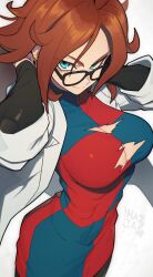 1girls abs abs_visible_through_clothing android_21 android_21_(human) artist_name belly_button_visible_through_clothing black_sleeves blue_eyes breasts brown_hair checkered_clothes checkered_dress cleavage closed_mouth detached_sleeves dragon_ball dragon_ball_fighterz dress earrings female glasses highres jewelry lab_coat large_breasts lhata4564 long_hair looking_at_viewer messy_hair muscular_female navel_visible_through_clothes simple_background smile solo standing torn_clothes torn_dress vomi_(dragon_ball) white_background