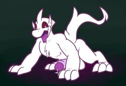 1_horn 2023 4_fingers all_fours balls big_penis black_eyes black_sclera bodily_fluids chest_tuft cum cum_on_penis cum_string erection feral fingers fur genital_fluids genitals glans horn looking_at_viewer male monster motion_lines nipples open_mouth penis pink_nipples pink_penis pupils purple_glans solo tail tail_motion tailwag thick_penis tongue tongue_out tuft ultilix unknown_species white_balls white_body white_fur white_horn white_pupils