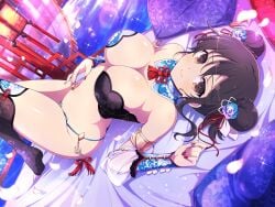 1girls armpits ass asuka_(senran_kagura) bare_shoulders bed bed_sheet black_bra black_hair black_thighhighs blue_bra blue_thighhighs blush bow bra braid braided_bun breasts brown_eyes butt_crack chinese_clothes cleavage closed_mouth come_hither curtains detached_collar detached_sleeves double_bun falling_petals female floral_print flower gold groin hair_between_eyes hair_bun hair_flower hair_ornament hair_ribbon hairbow hand_on_own_stomach highres jewelry lantern large_breasts lens_flare light_particles looking_at_viewer lying navel official_alternate_costume official_alternate_hairstyle official_art on_back on_bed outdoors panties paper_lantern petals pillow red_nails red_ribbon red_tassel ribbon senran_kagura senran_kagura_new_link senran_kagura_shoujo-tachi_no_shin&#039;ei shiny_skin short_hair smile solo sparkle thighhighs thighs thong toeless_legwear two-tone_bra two-tone_thighhighs underwear water white_bow white_ribbon yaegashi_nan