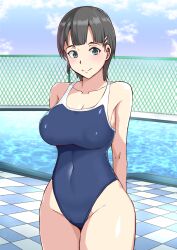 1girls areola_slip arms_behind_back big_breasts black_hair blunt_bangs blush breasts busty child_bearing_hips cleavage competition_swimsuit covered_erect_nipples covered_navel female female_only green_eyes half-closed_eyes highres kirigaya_suguha large_breasts legs looking_at_viewer one-piece_swimsuit pool short_hair smile solo strap_pull swimsuit sword_art_online thick_thighs thighs toro_zai voluptuous water