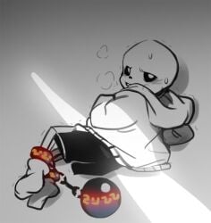 2010s 2016 animated_skeleton ball_and_chain ball_and_chain_restraint bound bound_ankles clothed hooded_jacket hoodie jacket looking_at_viewer looking_back looking_back_at_viewer looking_behind monochrome monster peng2_(artist) peng2_undertale_(artist) restrained restraints sans sans_(undertale) shackled shackles skeleton solo submissive sweat undead undertale undertale_(series)