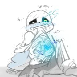 1:1 1:1_aspect_ratio 2010s 2016 animated_skeleton biting_clothes biting_shirt blue_blush blue_eye blush clothed glowing glowing_eye hooded_jacket hoodie jacket korean_text looking_at_viewer monster off_shoulder peng2_(artist) peng2_undertale_(artist) sans sans_(undertale) sitting skeleton soul submissive text undead undertale undertale_(series) yellow_eye