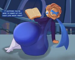 1girls ass ass_focus blueberry_pie_cookie book clothed clothed_female clothing cookie_run female female_only fromariels full_body huge_ass looking_at_viewer looking_back open_book solo solo_female