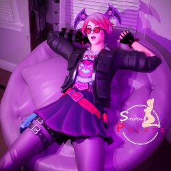 callisto_(fortnite) fortnite fortnite:_battle_royale laying_on_couch open_legs pink-tinted_eyewear pink_hair sorrenpalace sunglasses tinted_eyewear