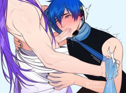 2boys asphyxiation blue_eyes blue_hair blue_scarf blush blushing_male breath_play choking clothed dominant_male domination erect_penis erection gakupo_kamui gay gay_blowjob gay_domination gay_sex homosexual homosexual_sex kaito_(vocaloid) male male/male male_dominated male_dominating_male male_only male_with_painted_nails oral oral_sex penis purple_hair riffraff riffraff666 riffraffhellyea saliva saliva_on_penis scarf scarf_grab sex simple_background sucking sucking_penis vocaloid yaoi