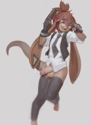 accessory anthro balls clothing eyewear genitals glasses gun hair_accessory hairband hi_res hybrid lagomorph legwear leporid male mammal mustelid otter penis puinkey_(artist) rabbit ranged_weapon solo stockings tail weapon