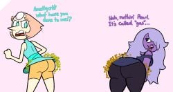 amethyst_(steven_universe) cartoon_network fart fart_fetish gem_(species) gurgling_ass gurgling_butt imminent_fart orange_shorts pearl_(steven_universe) purple_skin shortstack sorollos steven_universe upset_butt