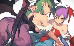 2demons 2girls animal_print ass bare_shoulders bat_print black_leotard blue_pantyhose breasts capcom clothing collarbone darkstalkers demon_girl demon_wings diamond_cutout flat_chest green_eyes green_hair grey_background hair_between_eyes head_wings highres large_breasts leotard lhata4564 lilith_aensland long_hair looking_at_viewer medium_breasts morrigan_aensland multiple_girls pantyhose pink_pantyhose print_pantyhose purple_hair red_eyes red_leotard short_hair siblings simple_background sisters small_breasts succubi succubus succubus_wings vampire_(game) wings