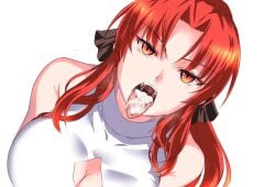 1girls 2d after_deepthroat after_oral big_breasts breasts cat_eyes cg_art cum cum_in_mouth cum_inside disinterested emotionless emotionless_female emotionless_sex expressionless eye_contact female fringe kagura_games kneeling noblewoman nuko_majin open_mouth oral orange_eyes pale-skinned_female ponytail pov presenting_mouth presenting_throat red_eyes red_hair semen slit_pupils steam steamy_breath straight the_scarlet_demonslayer throat tongue tongue_out transparent_background uninterested video_game video_games